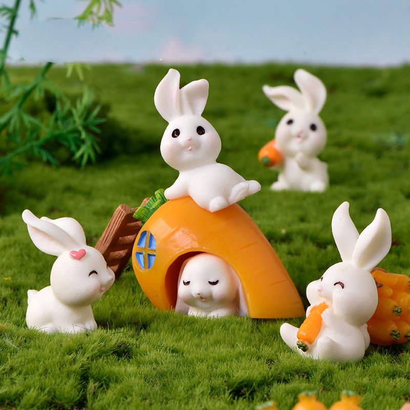 可爱小白兔微景观树脂摆件卡通动物胡萝卜兔房子桌面蛋糕装饰品