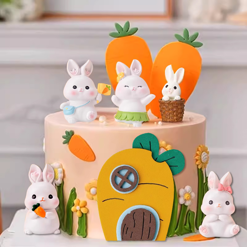 小白兔树脂白兔子兔宝宝蛋糕装饰插件胡萝卜背包兔子绿裙兔子蘑菇