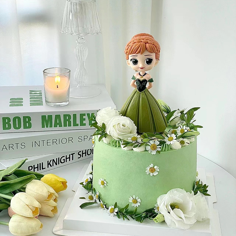 烘焙蛋糕装饰 网红森系安娜公主绿色系裙子女孩鲜花城堡蛋糕摆件