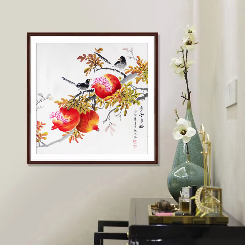 新中式国画花鸟画手工画石榴笑口常开餐厅背景墙装饰多子多福挂画