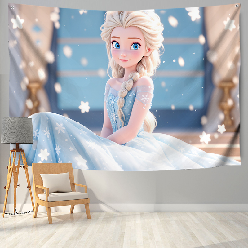 迪士尼卡通梦幻艾莎公主浅蓝色儿童房装饰布置挂布挂毯大号背景布