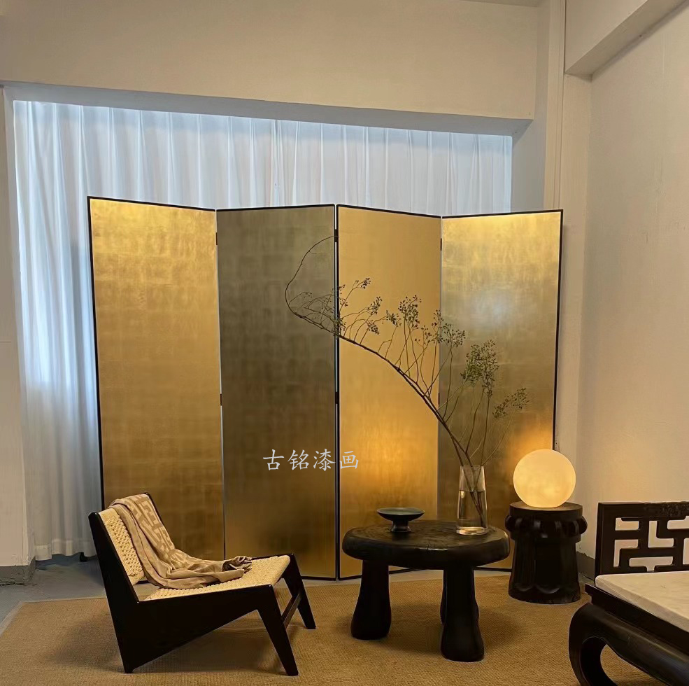 中式手绘漆画空白素金箔屏风客厅隔断茶室办公室摄影道具屏风定制