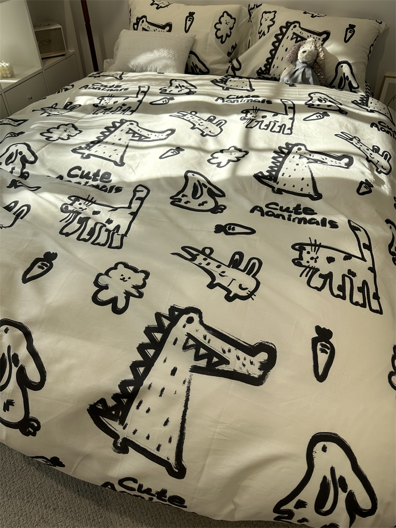 ins简笔画小鳄鱼床上四件套全棉纯棉1.5米被套床单三件套公寓宿舍