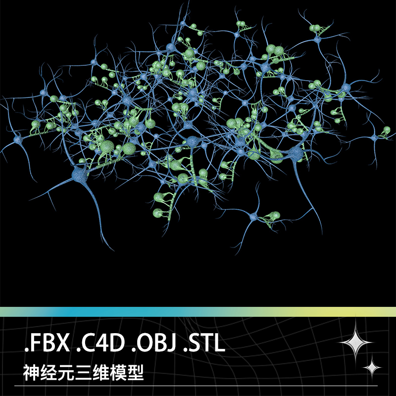 C4D FBX OBJ STL人体医学道具神经元神经凸起细胞群三维模型素材