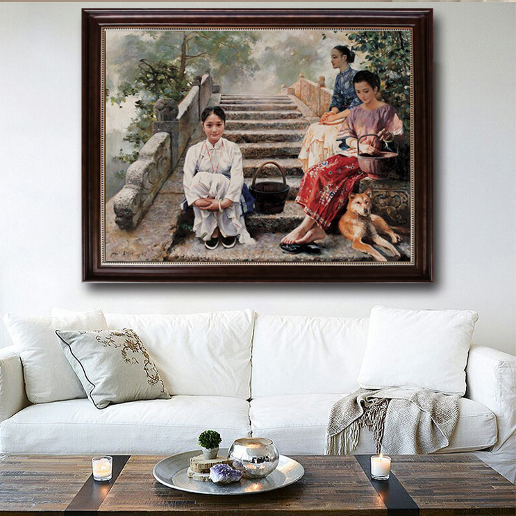 手绘古典油画中式客厅装饰画江南美女壁画名家潘鸿海外婆桥挂画