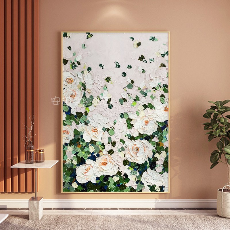 速发纯手绘油画客厅背景墙玄关肌理装饰画轻奢高级感现代抽象花卉