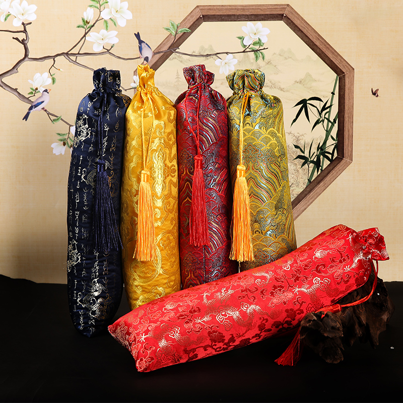 中国风古典刺绣锦袋书画卷轴长形布袋红色黄色流苏锦囊礼品包装袋