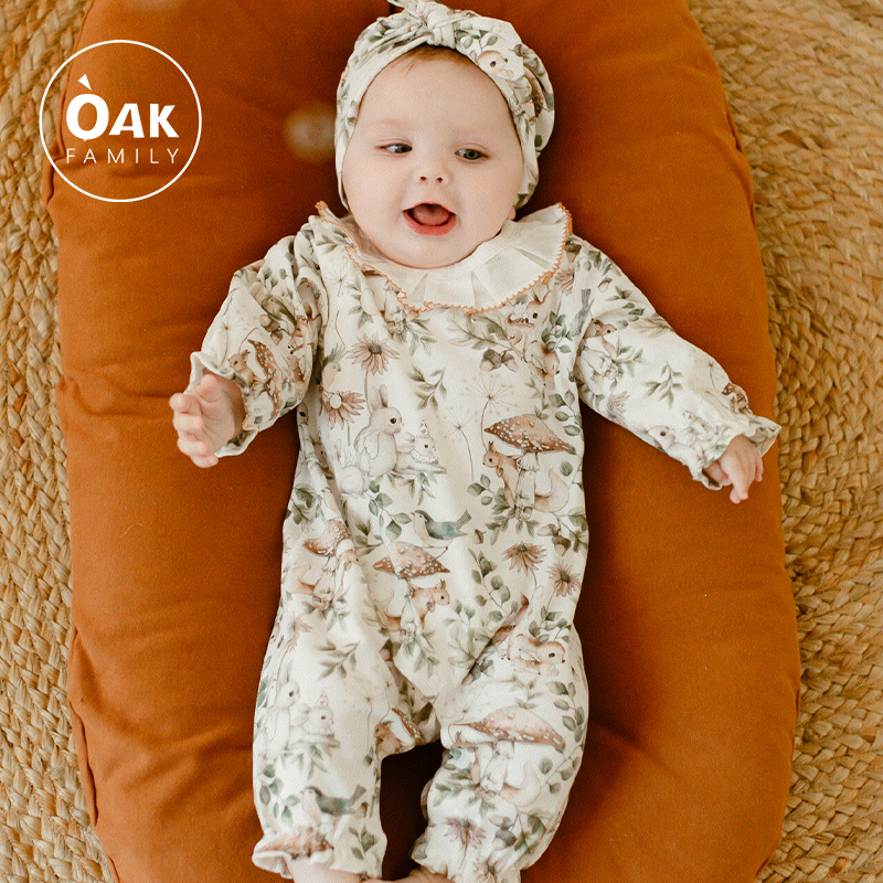Oak Family新生婴儿连体衣宝宝春装2024新款满月长袖百天初生爬服