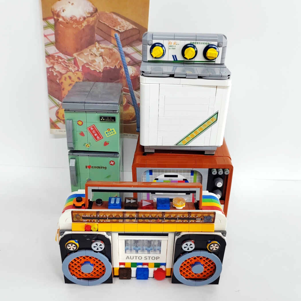 街景积木儿童益智拼装玩具房子城市建筑90年代怀旧复古家电汉堡车
