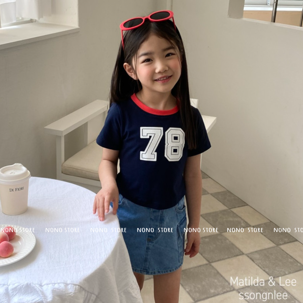 韩国童装代购24夏~mati女童大童宝宝时尚数字78短款藏蓝色露脐T恤