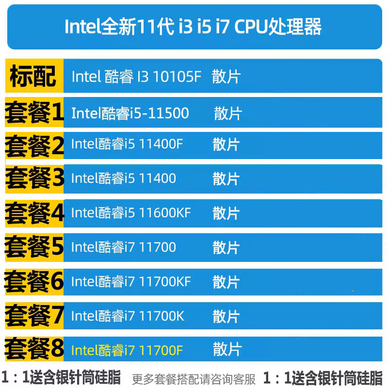 INTEL英特尔十一代i3 10105 i5-11400F 11500 11600 700KF散片CPU
