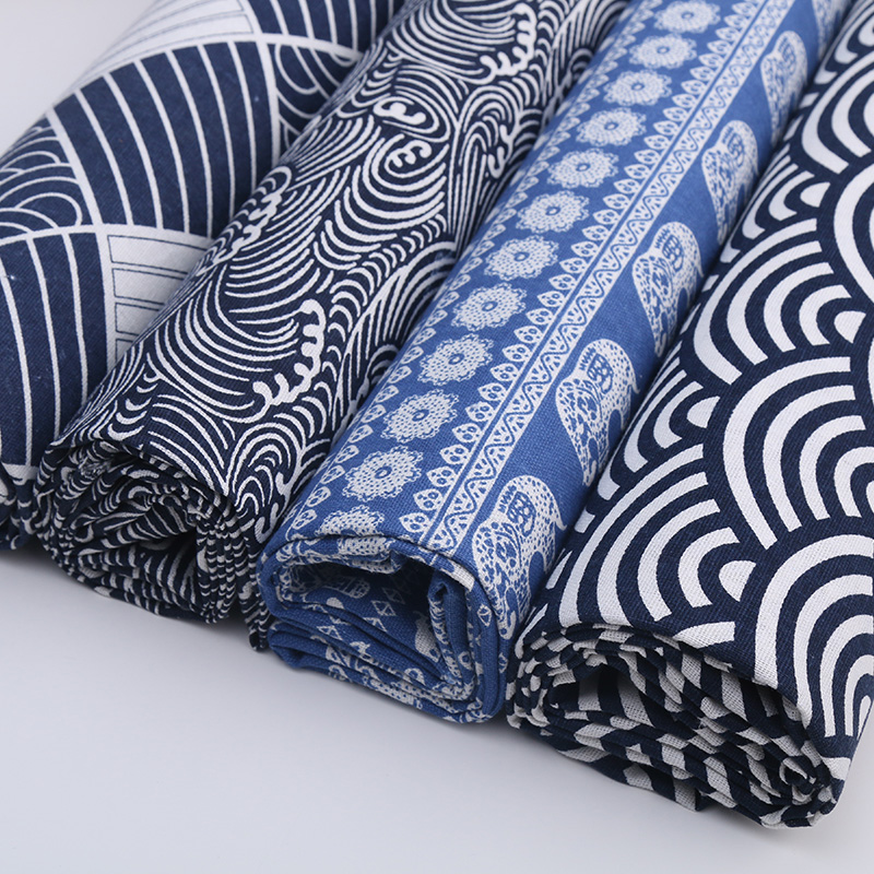 和风布料蓝色印花布沙发布料桌布抱枕套罩面料民族风手工DIY布头
