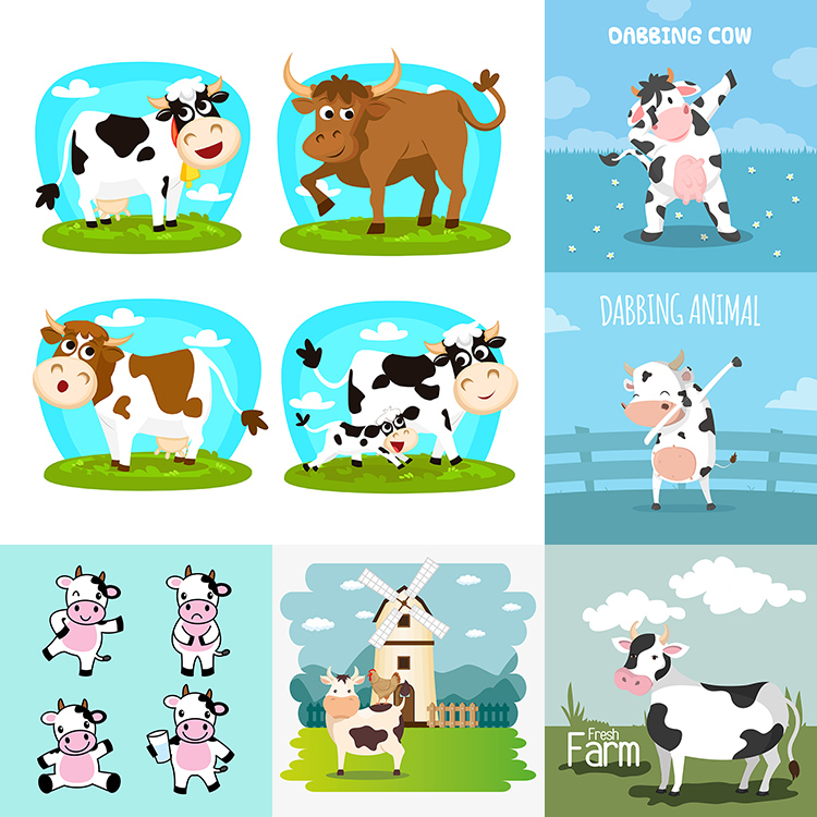 卡通奶牛 多款可爱母牛形象海报背景 AI格式矢量设计素材