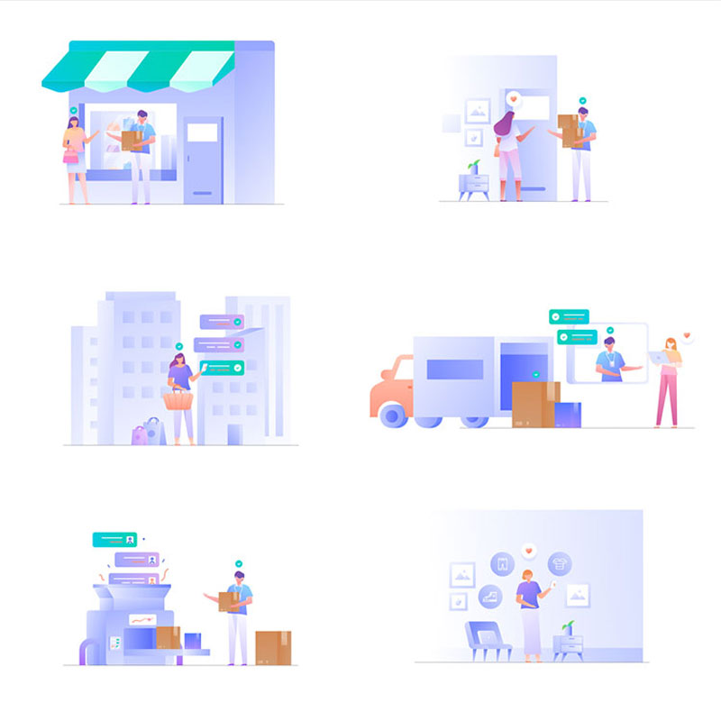 扁平化电子商务网上购物取快递人物场景插画插图矢量AI设计素材