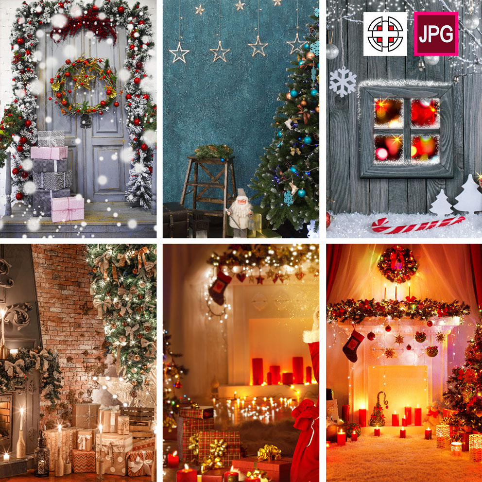 竖版温馨灯光圣诞节房间内室内圣诞树火炉旁装饰背景图片设计素材