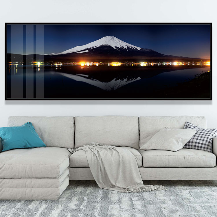 日本富士山装饰画湖水夜景轻奢长幅晶瓷画寿司店居酒屋客厅墙挂画