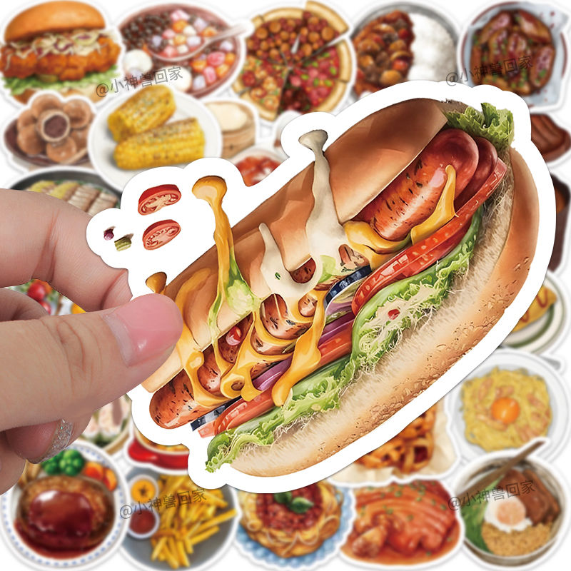 60张风味小吃美食贴纸卡通食物汉堡薯条烧烤创意手账素材装饰贴画