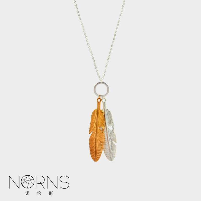Norns简约复古印第安人原始部落风金银双羽毛吊坠毛衣链合金项链