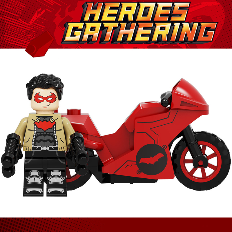 DC超级英雄蝙蝠侠反派KF1375红头罩男生摩托车拼装积木人仔玩具
