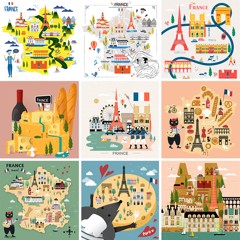 手绘法国巴黎旅游景点建筑美食插图海报ai矢量设计素材模板951703