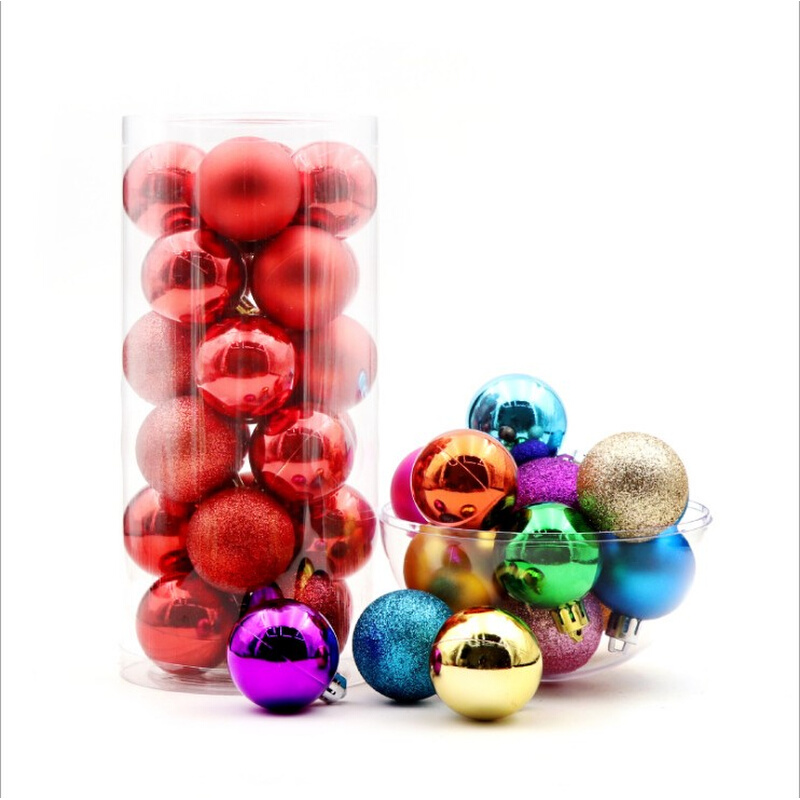 新品圣诞球24个装8cm圣诞桶装彩球塑料亮光电镀球圣诞树装饰品配