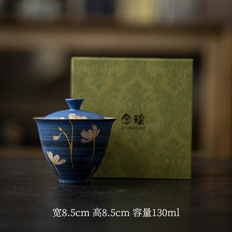 念苒丨全手作纯金银手绘泡茶碗 日式格桑花盖碗 克莱因蓝陶瓷茶具