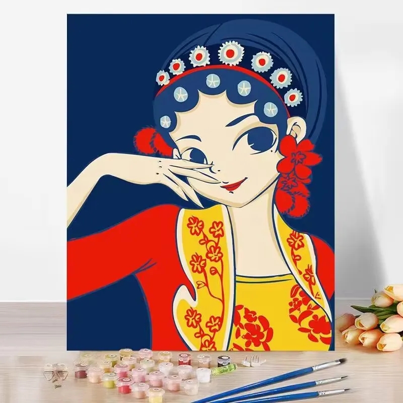 国潮京剧女孩diy数字油画手绘人物油彩画简单涂色填充客厅装饰画