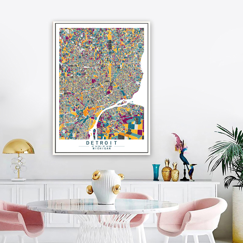 底特律密歇根州美国艺术抽象城市彩色色块地图装饰画餐厅客厅挂画