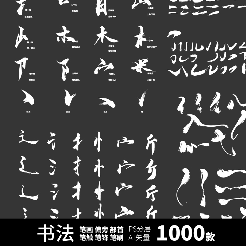 中文字笔触偏旁部首笔画结构古典手写毛笔书法字体PSDAI设计素材