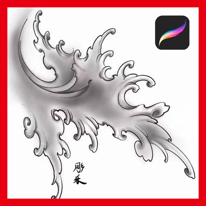 ipad procreate新传统浪花海浪纹身设计参考笔刷绘画刺青手稿素材