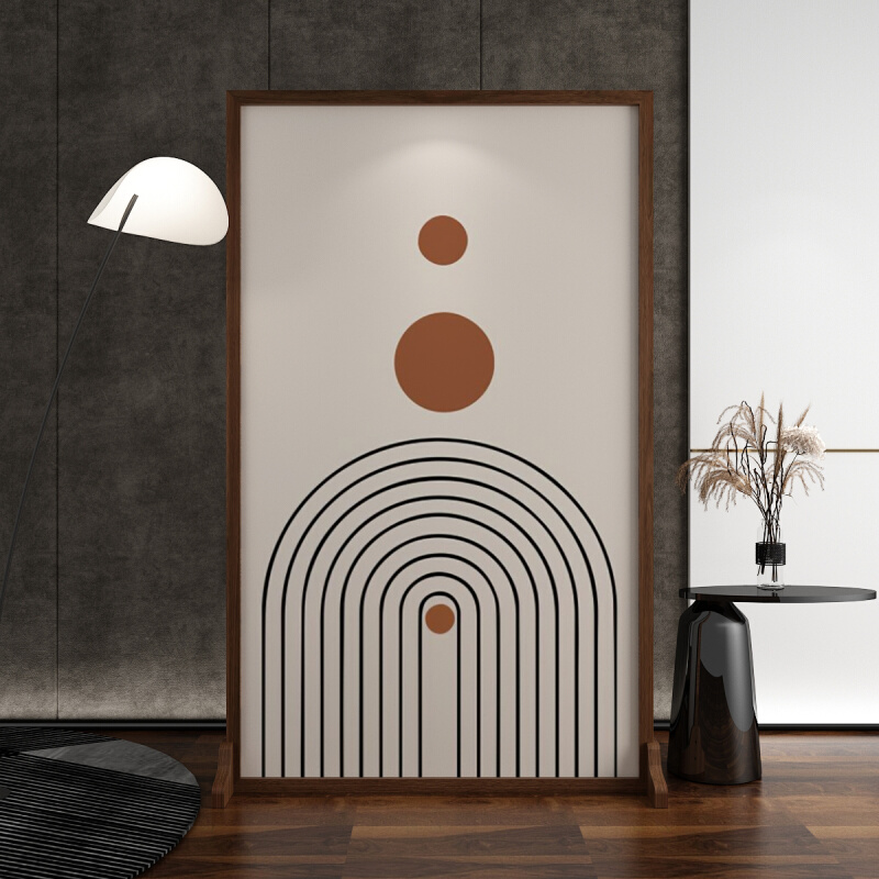 现代抽象屏风隔断家用客厅玄关北欧简约时尚实木座屏几何线条半圆