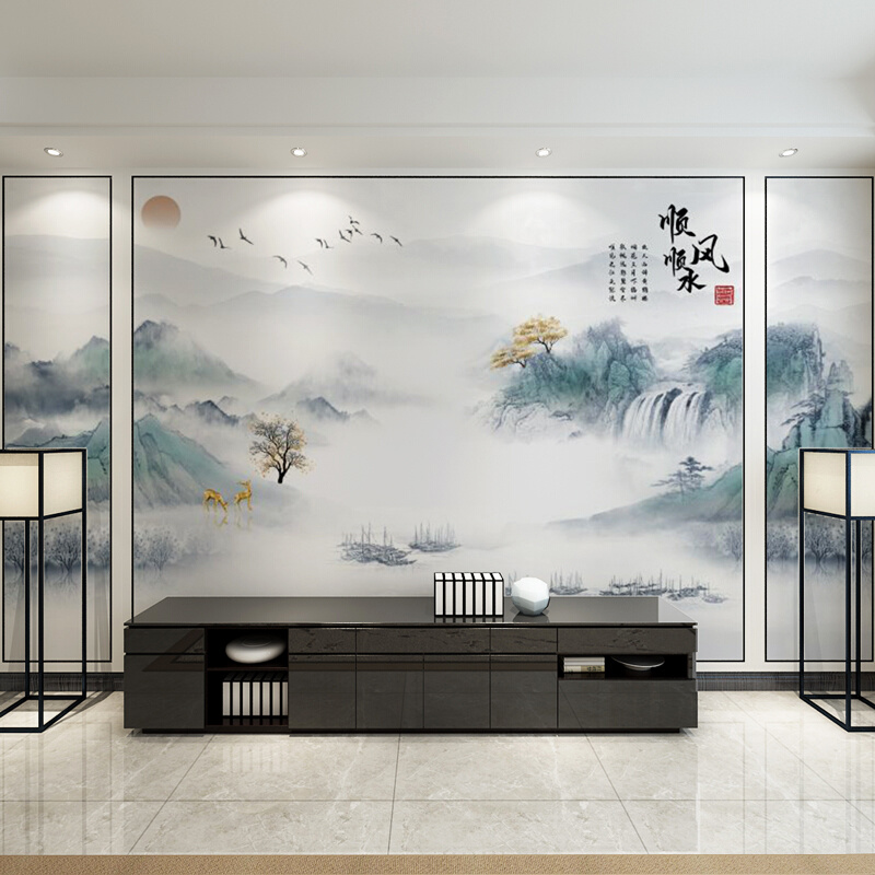 新中式墙画意境壁纸山水顺风顺水客厅2023新款电视背景墙自粘墙贴