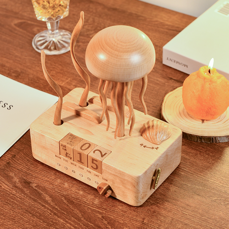 日历水母（木质机械八音盒）创意灵动桌面摆件治愈系礼物