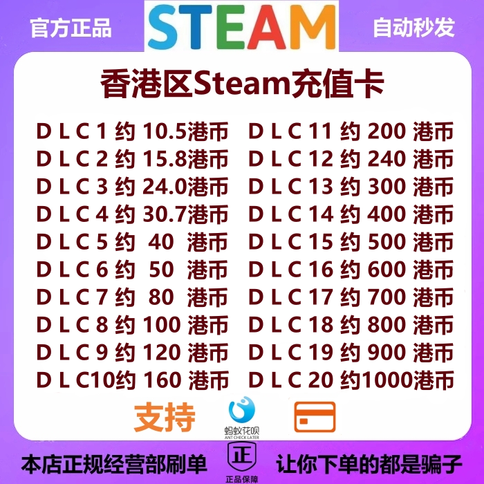 【秒发】香港区Steam充值卡 钱包充值码Steam港HK 支持花呗信用卡