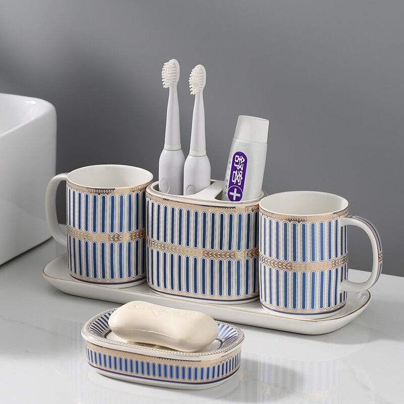 壹枱北欧轻奢陶瓷卫浴五件套洗漱用品套装卫生间刷牙漱口杯牙刷架