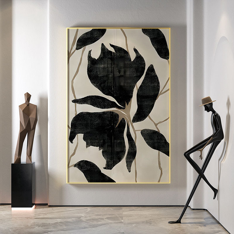 现代轻奢  客厅玄关装饰画黑色高级感抽象花朵背景墙壁画竖版挂画