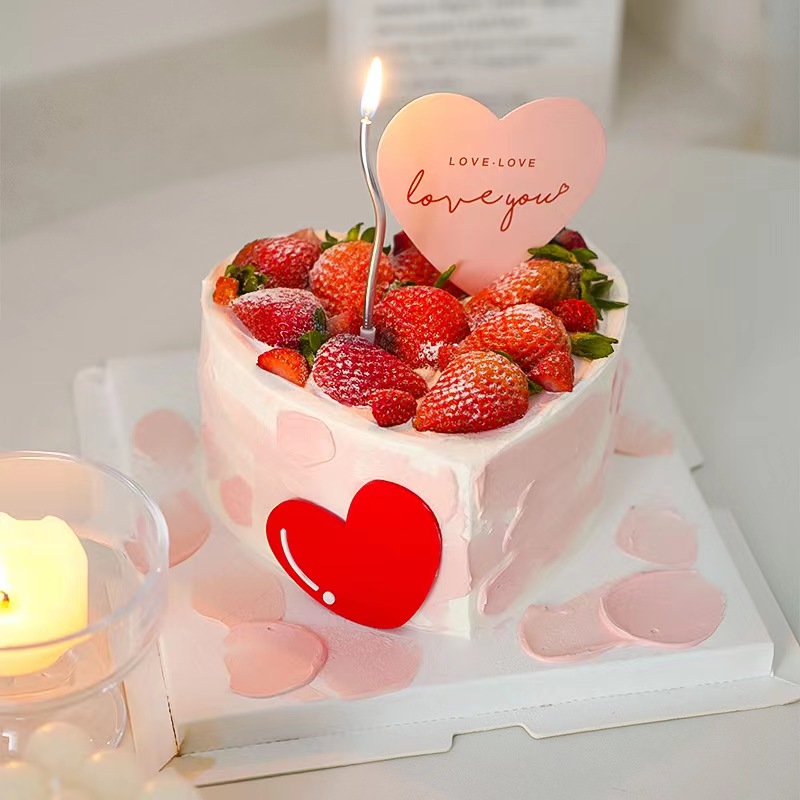 214情人节心形草莓蛋糕装饰摆件loveyou爱心情侣表白求婚卡片装扮