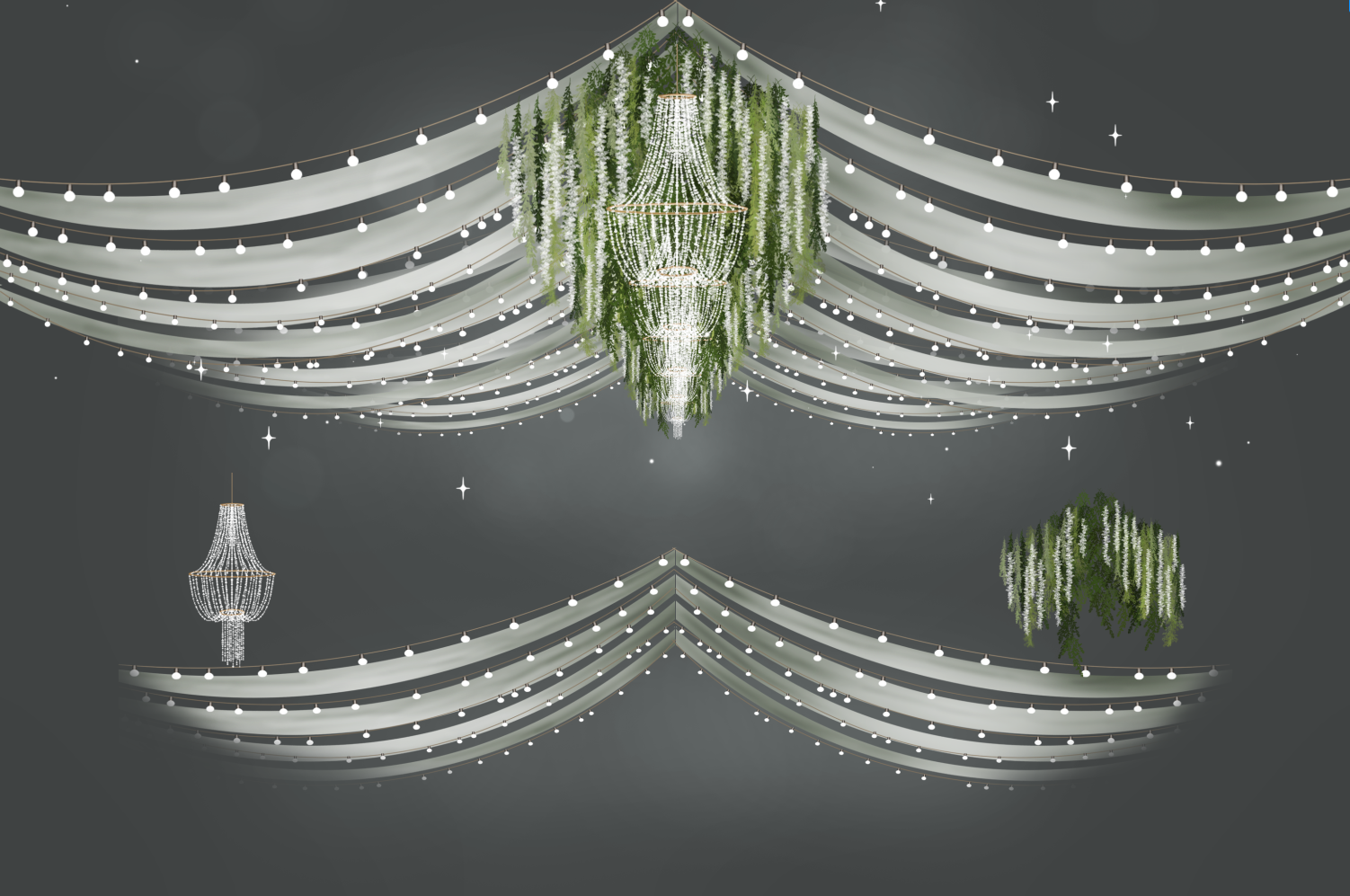 森系梦幻素材道具婚礼手绘素材吊顶设计舞台路引秋千桌椅PS效果图