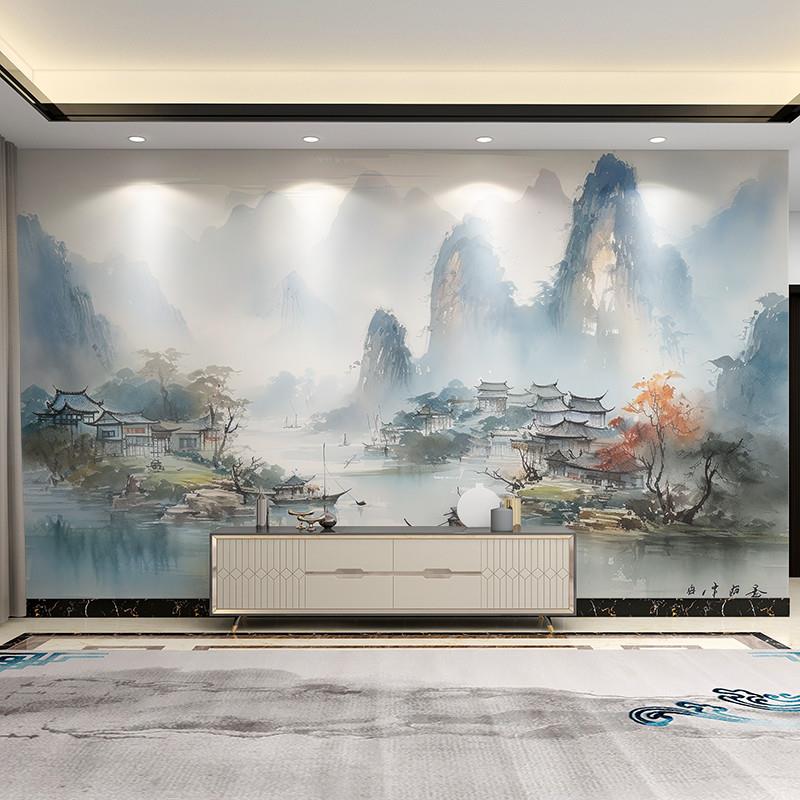 中式山水电视背景墙纸3d迎客松客厅沙发墙布办公室会议室大型墙画