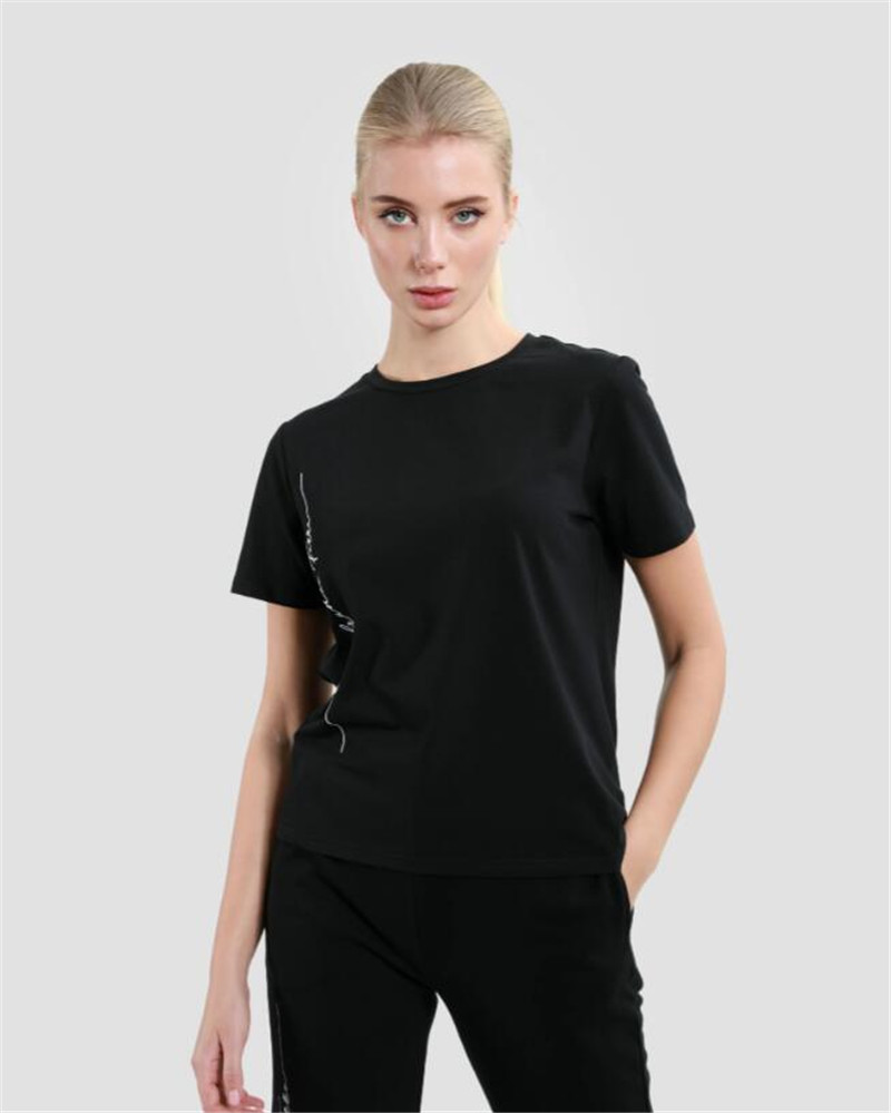 意大利设计师 皮尔卡丹全棉logo舒适女士夏季圆领黑色短袖T恤