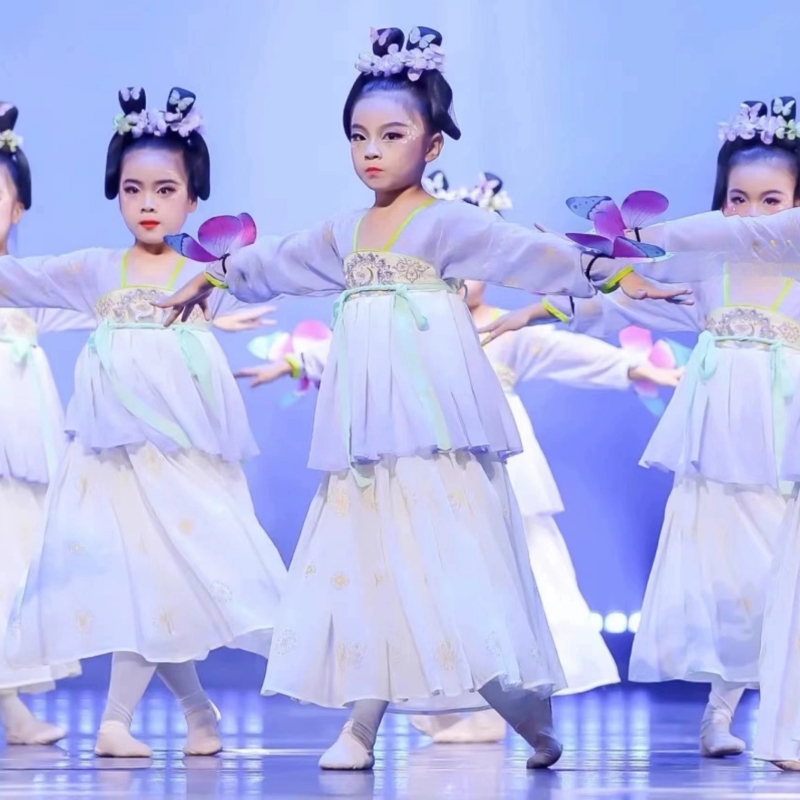 儿童汉服舞蹈服中国风古典舞蹈醉春风戏蝶胭脂妆有位姑娘演出服装