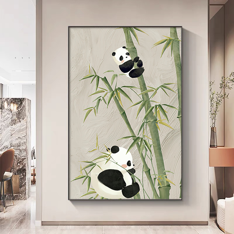 新中式竹子熊猫客厅装饰画中国风原木奶油风书房玄关走廊过道挂画