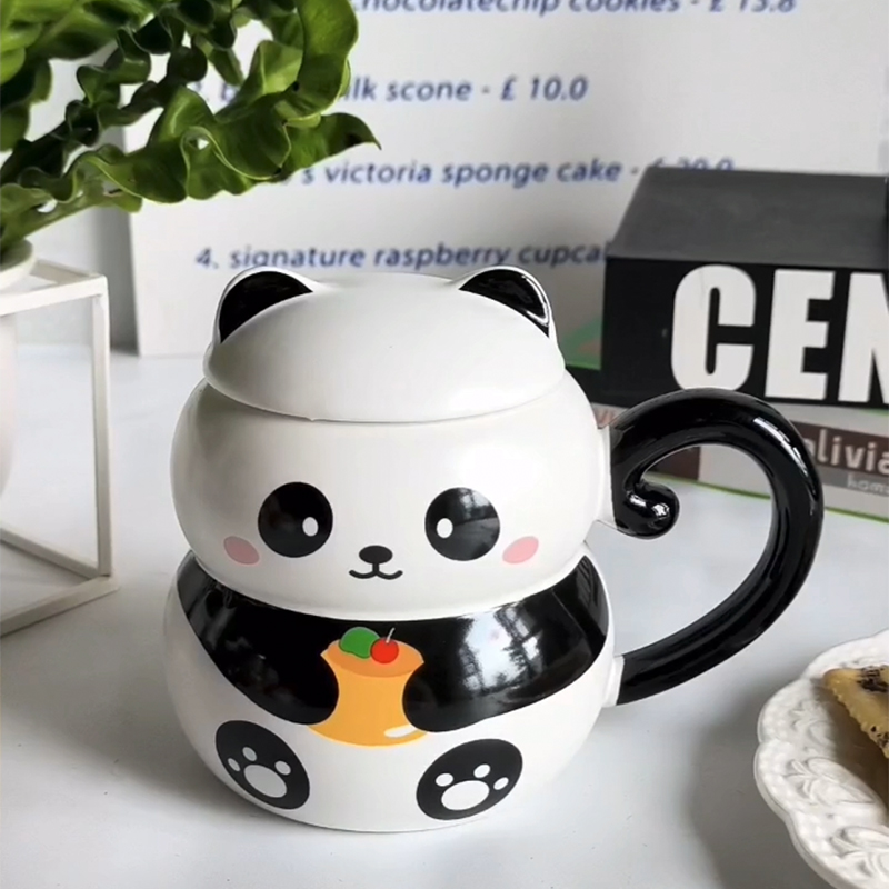 奶fufu马克杯可爱超萌动物卡通陶瓷水杯大口径带盖熊猫女生办公室
