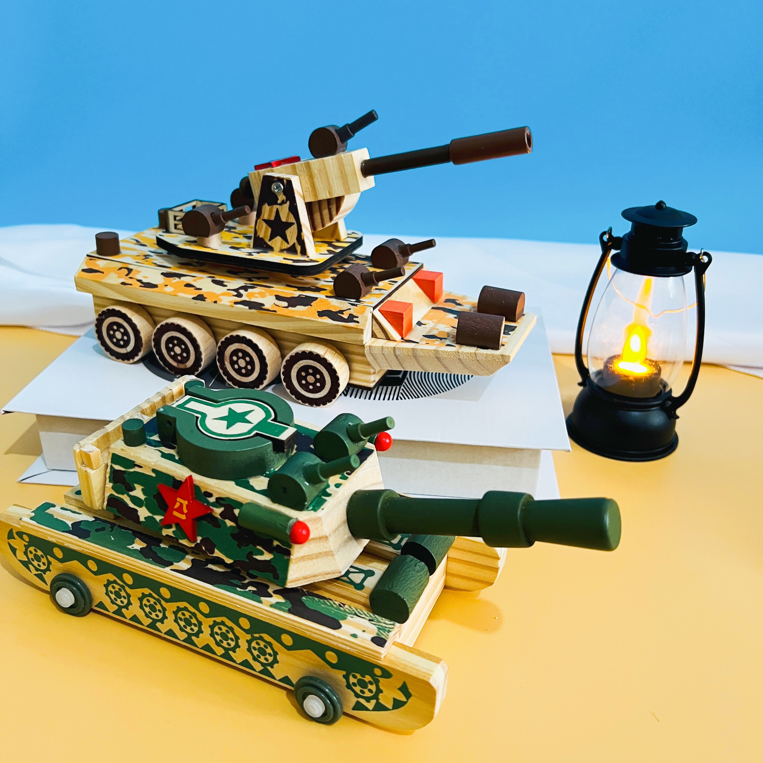 木质坦克儿童玩具迷彩坦克音乐盒装甲车玩具男孩礼物木头军车模型