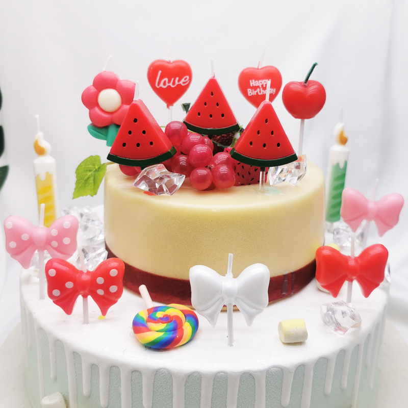 生日蜡烛蝴蝶结爱心花朵红色系西瓜樱桃卡通可爱字母儿童蛋糕装饰