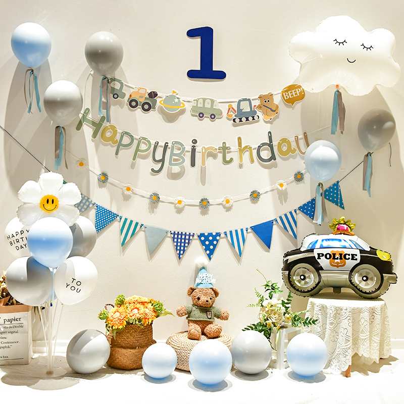 男孩宝宝儿童卡通小汽车1周岁生日装饰快乐气球背景墙布置套装ins
