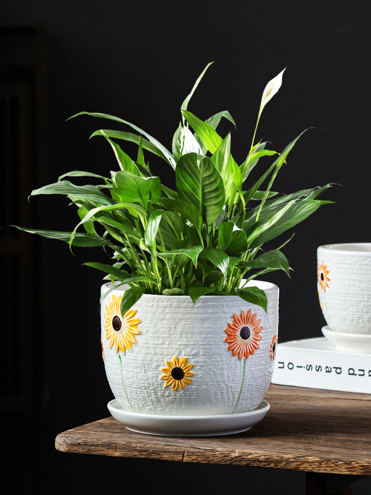 创意白掌专用植物花盆个性向日葵圆口大口径陶瓷盆家用室内盆带托