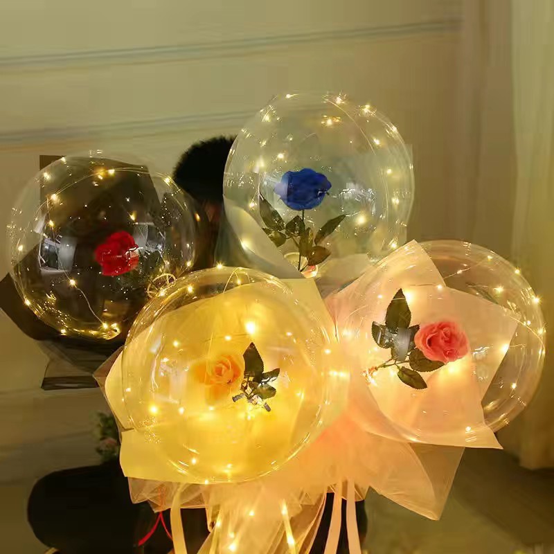 网红玫瑰花波波球发光透明带灯气球花束情人节礼物地推户外摆地摊