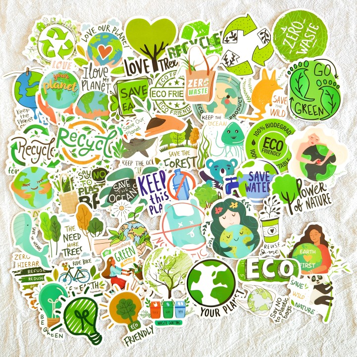 50张新款绿色环保爱护地球手绘卡通贴纸笔记本手机壳水杯防水装饰