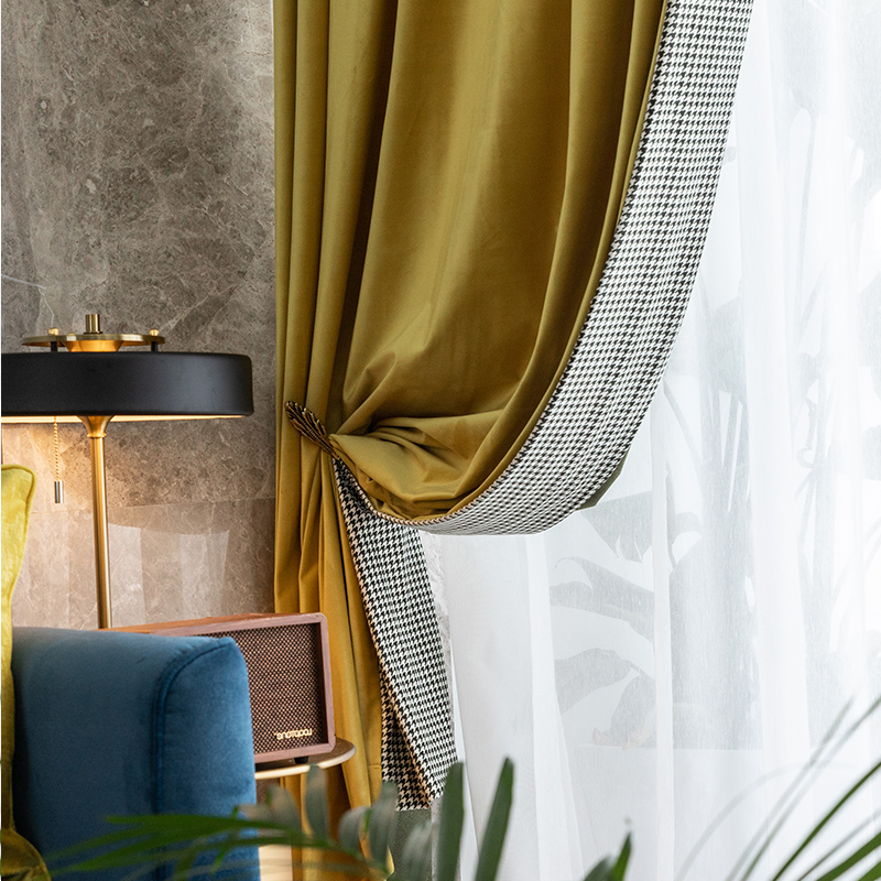 遮光北欧风轻奢绒布窗帘定制美式卧室客厅黄色千鸟格绒布窗帘隔